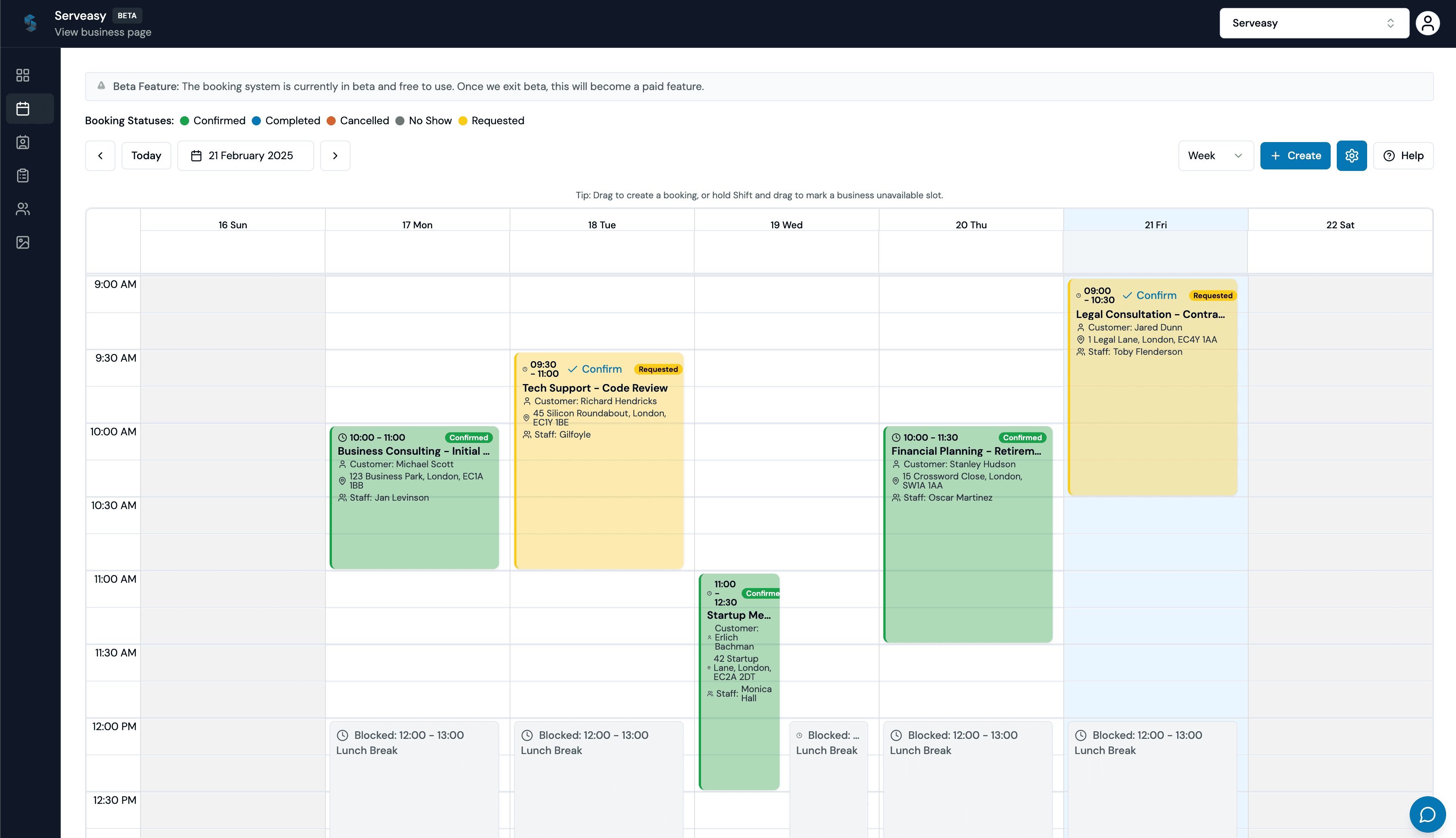 Booking management interface showing calendar and appointments